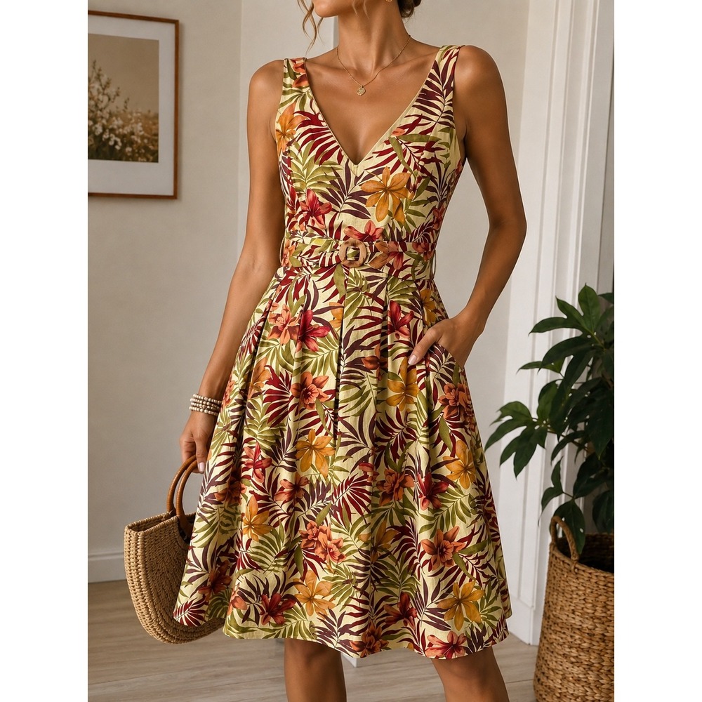 S 71 Liz Claiborne Linen Blend Tropical Floral Belted Fit Flare Dress Y2K Resort